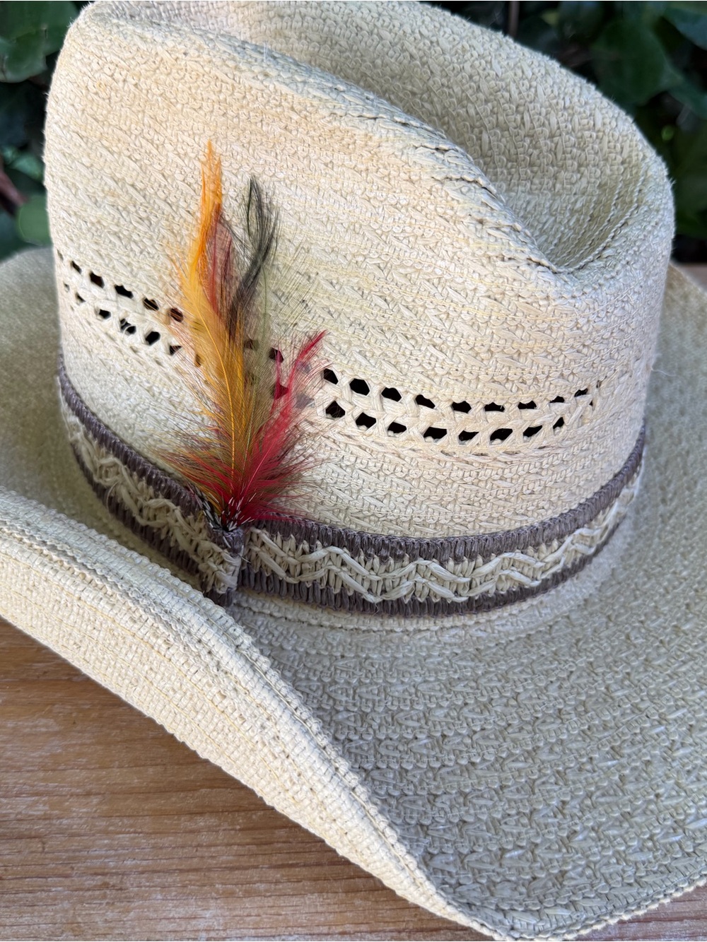 Men's Beige Straw Cowboy Hat with Brown Band and Feather Detail